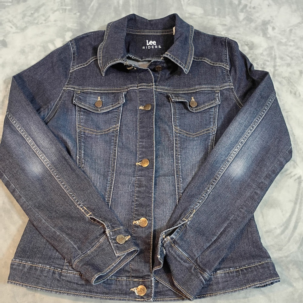 Lee Riders Womens Dark Wash Denim Trucker Jacket Size M Blue Jean Button Front